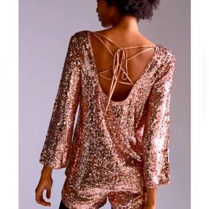 Anthropologie Pink Sequins Tie Back 3/4 Sleeves Top Shorts Set